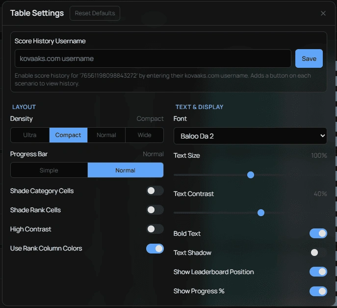 Table Customisation Options